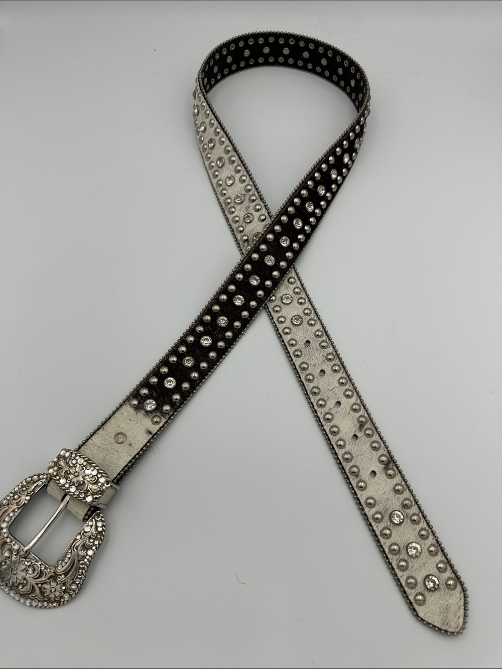 Nocona Western Rhinestone Studded Leather Belt Silver Bling Cowgirl Buckle Y2K